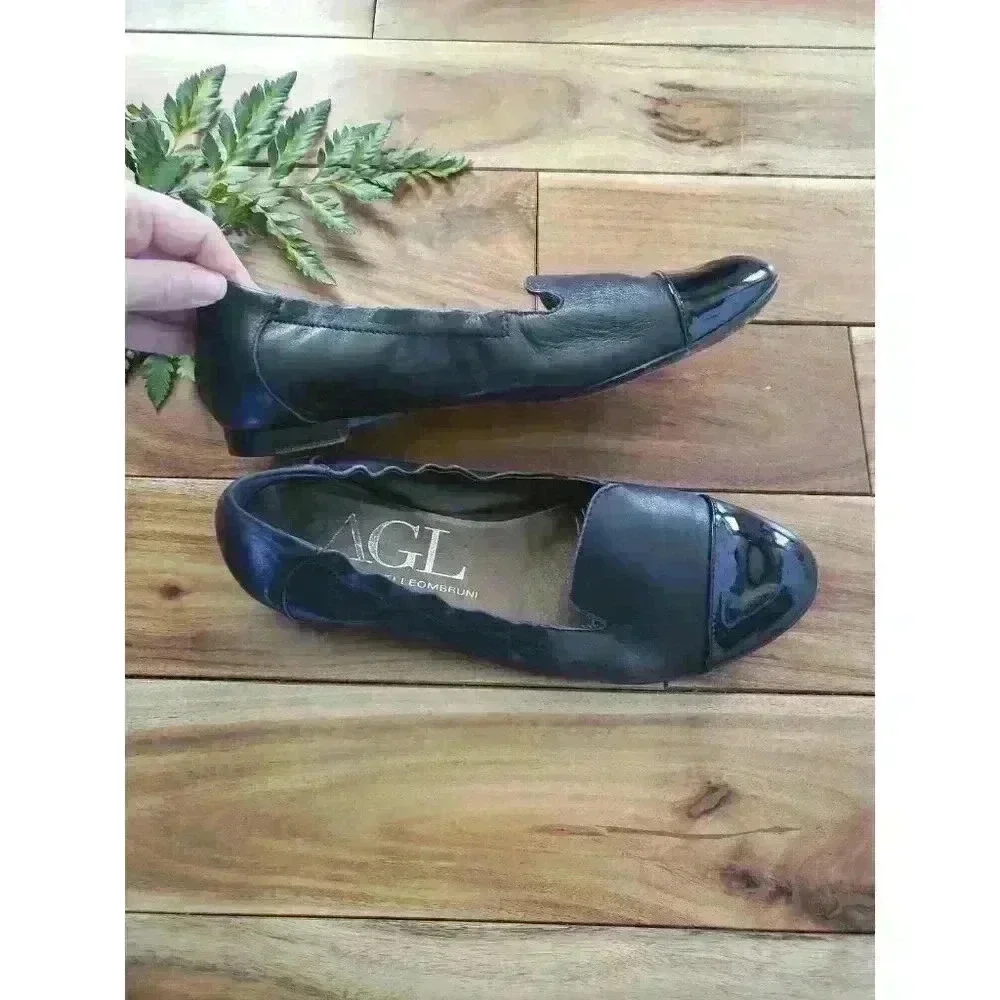 AGL Italy Attilio Giusti Leombruni Black Cap Toe Ballet Flat Leather 37‎ 1/2
